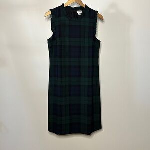 J Crew | Green Blue Plaid midi dress ruffled collar cap sleeves sz 10